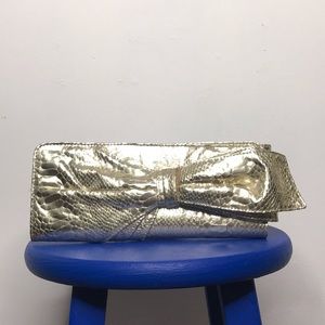 Rectangular Gold Snakeskin Clutch with Bow